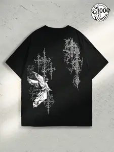 Unisex 100% Cotton Angel & Gothic Cross Print Oversized T-Shirt | Y2K Dark Aesthetic High Street American Retro Streetwear Top