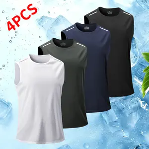 4-pack men’s summer solid-color tank tops—lightweight, breathable, highly elastic athletic shirts suitable for workouts and everyday wear; minimalist sportswear.