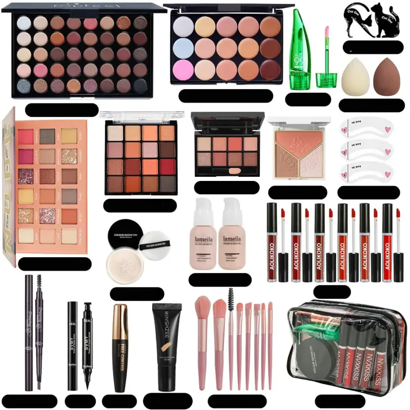 Women's Compact 40-Color All-in-1 Makeup Kit with Eyeshadow Palette, Face Foundation, Concealer, Loose Powder, Lipstick, Eyeliner, Mascara, Eyebrow Stencils, Makeup Brushes - Aluminum Box Travel Bag Gift Set for Christmas, Birthday