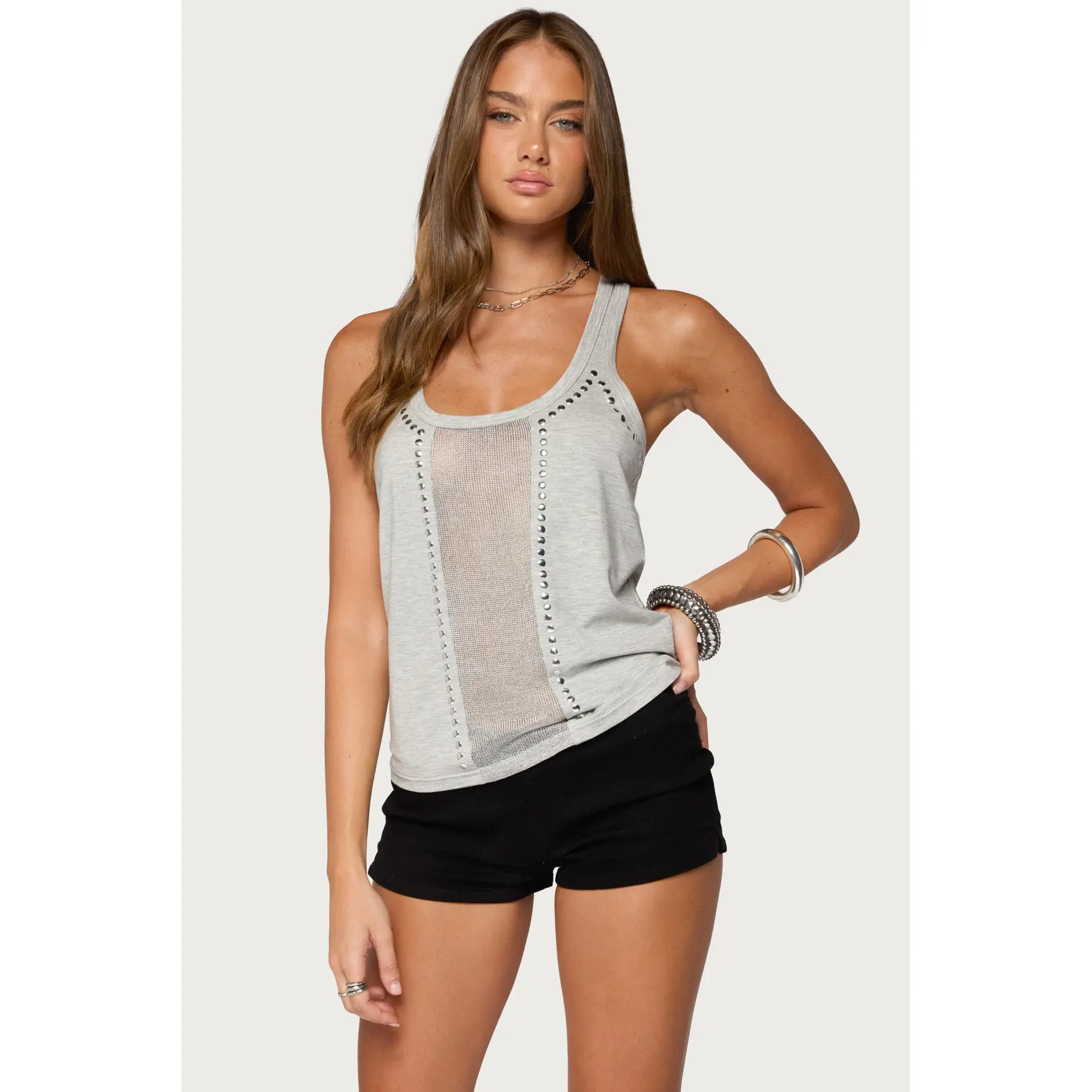 Jali Silver Knit Studded Tank Top