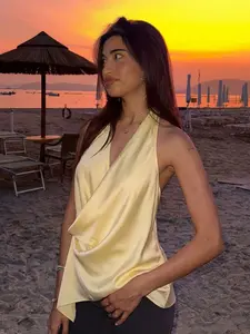 Ladies 2026 Spring Summer Silk Satin Feel Sleeveless Halter Tank Top with Asymmetric Solid Design and Backless Style, Elegant Casual Office Wear for Daily and Vacation Use