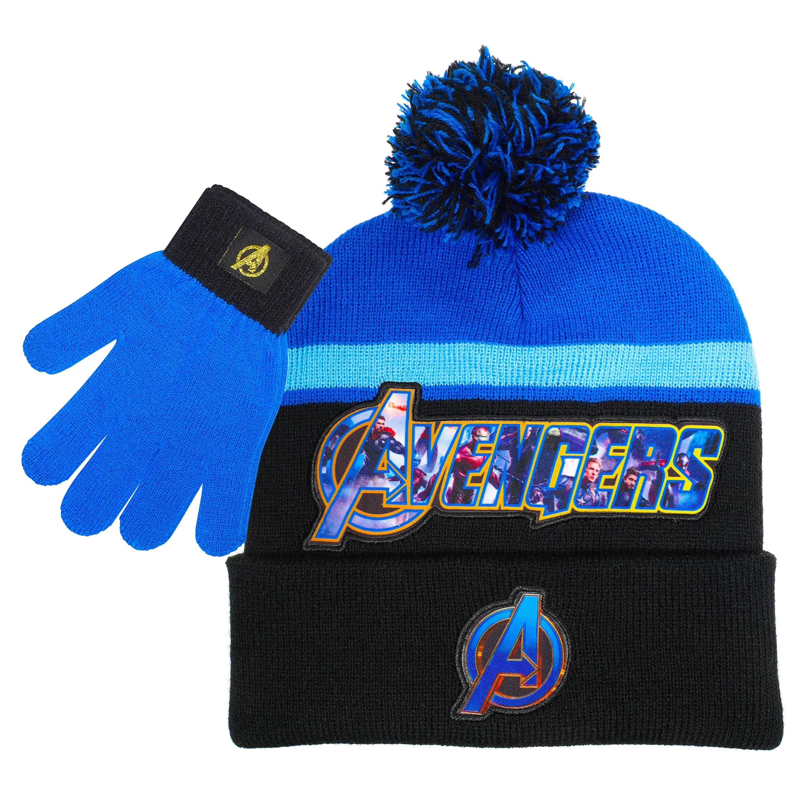 Marvel Avengers 3-Piece Winter Set for Boys, Soft Superheroes Pom-Pom Beanie, Scarf, and Gloves for Casual School & Birthday Gift, 2 Pc. Set, 3 - 4 Years, Berkshire Fashions, Great Gift Idea, Avengers Logo, Winter Wear, Soft Knit, Pom-Pom Cap