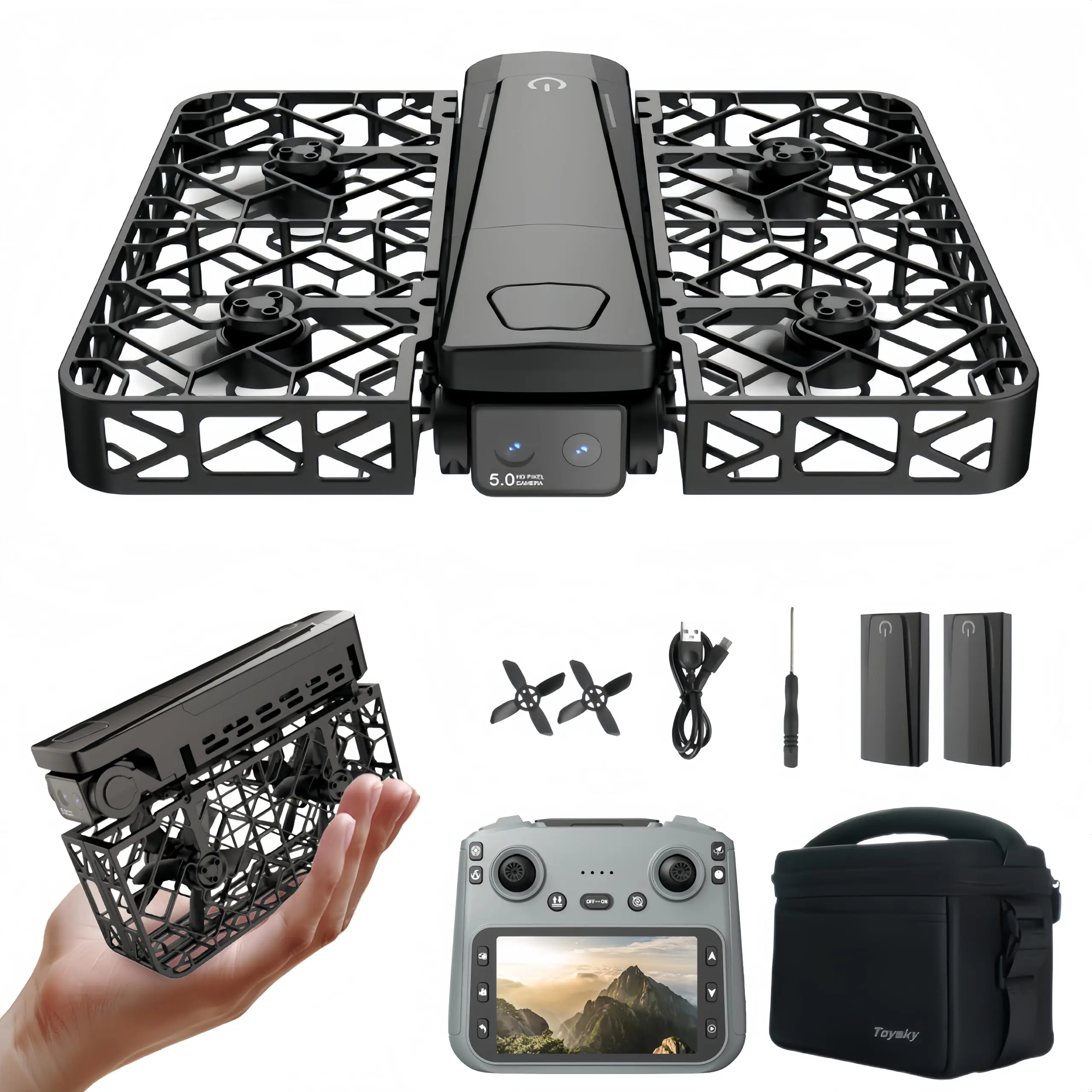 2K Camera Drone with HD 90° Adjustable Lens, Brushless Motor Quadcopter, Optical Flow, 1-Key Takeoff, Headless Mode, 4.5in Remote Screen, 120m Range, Full Propeller Guards, 147.5g Lightweight, 2 Batteries for Adults & Beginners (Black)