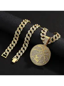 Hip Hop Alloy Letter Imbcak Pendant Necklace, Unisex Street Style Cuban Chain Jewelry, Full Rhinestone Basketball Necklace