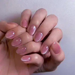 24pcs Y2K Short Oval Crystal Cat Eye Nail Art Stickers, Glittering Fake Nails, Glitter Glow, Medium Size, Acrylic Material, Includes Jelly Glue & Nail File