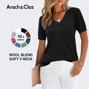 Arach&Cloz 2026 Womens Wool Blend Sweater Soft V Neck Short Sleeve Spring Fashion Pullover Tops Business Casual Outfits
