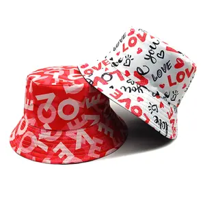 Heart-printed bucket hat, export quality, casual style, reversible. Cute.