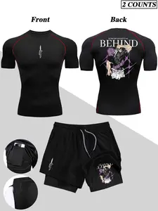 Men's Sporty Fitness Set, Colorful Print Tight Shorts and T-Shirt, Quick-Dry Elastic Round Neck Top, Ideal for Running and Training