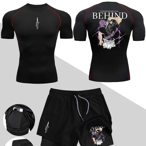 Men's Sporty Fitness Set, Colorful Print Tight Shorts and T-Shirt, Quick-Dry Elastic Round Neck Top, Ideal for Running and Training, Athletic Clothes Set, Workout Athletic Wear