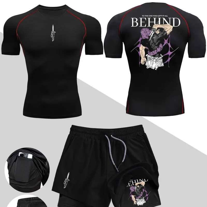 Men's Sporty Fitness Set, Colorful Print Tight Shorts and T-Shirt, Quick-Dry Elastic Round Neck Top, Ideal for Running and Training, Athletic Clothes Set, Workout Athletic Wear