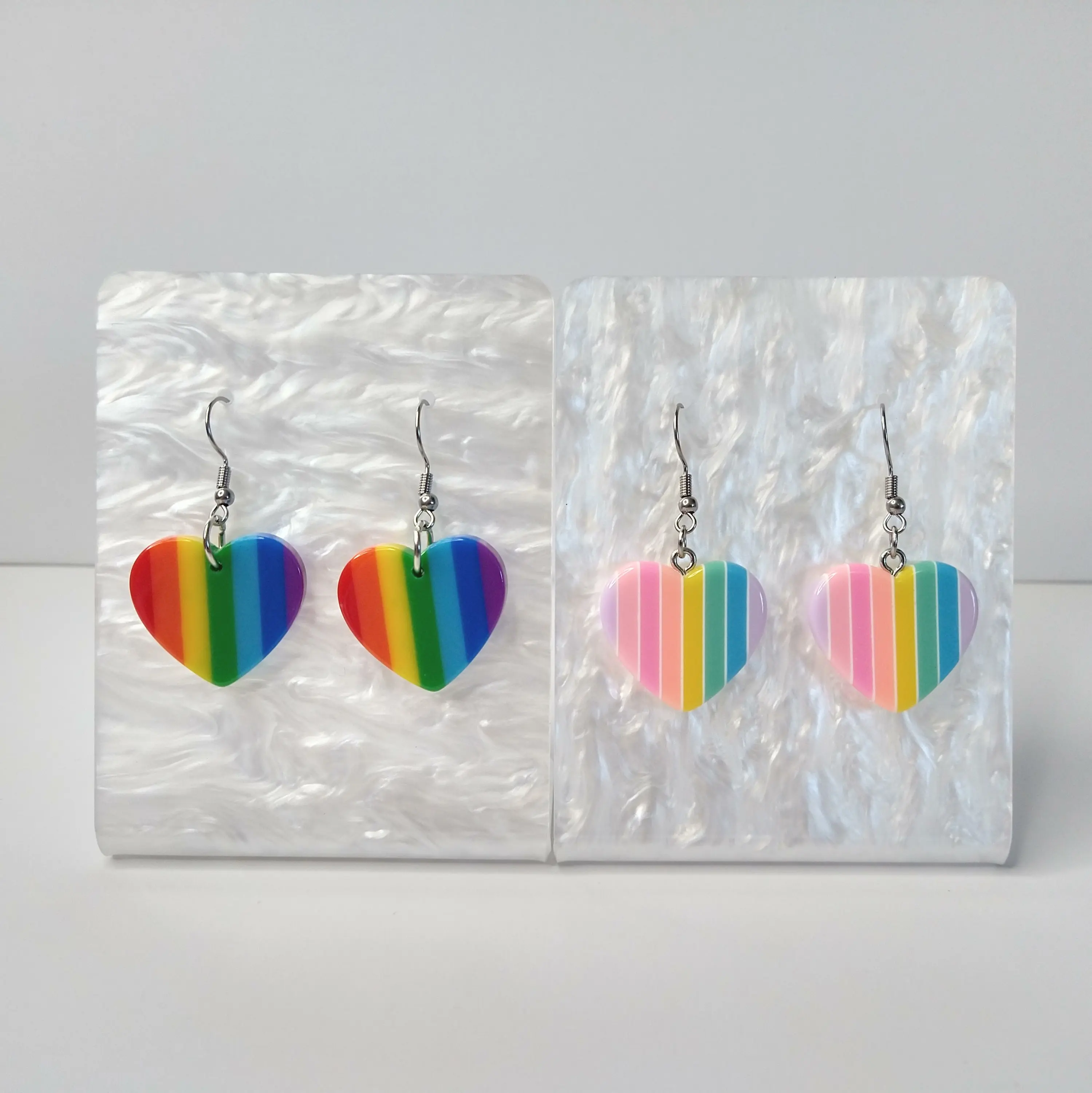 #582 Rainbow Striped Heart Earrings, Casual Pride Jewelry, Acrylic