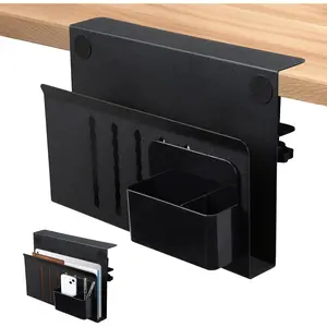 Desk Side Storage, Steel Side Desk Organizer, No Drill Laptop Holder, Clamp on Laptop Mount with Pen Holder, Table Hanging Storage for Home Office, Fits Flat Edge Tables 0.3" to 2.8"