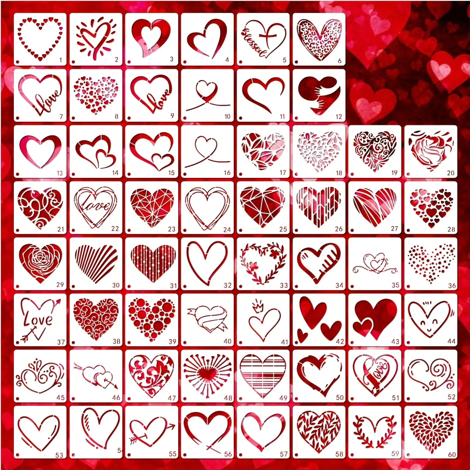 60 Small Heart Pattern Templates, Reusable for Wood Stone Painting, Suitable for Adults, Fabric Rock Card Art Wall Furniture Home Decor