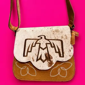 Thunderbird Purse - Brown and White Design with Eagle Motif and Floral Embroidery