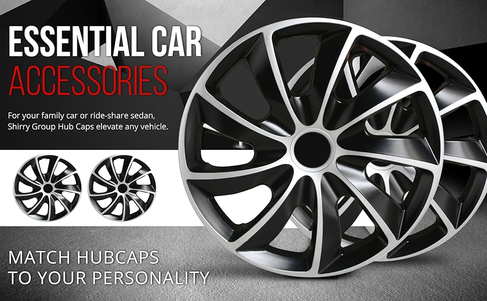 Universal Wheel Covers Set of 4, Snap-On Hubcaps for Steel Rims, Car Wheel Rim Covers Black and Silver
