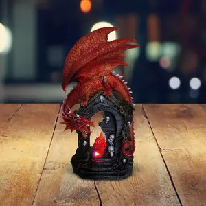 14"H Red Dragon o a Gate with LED Figurine