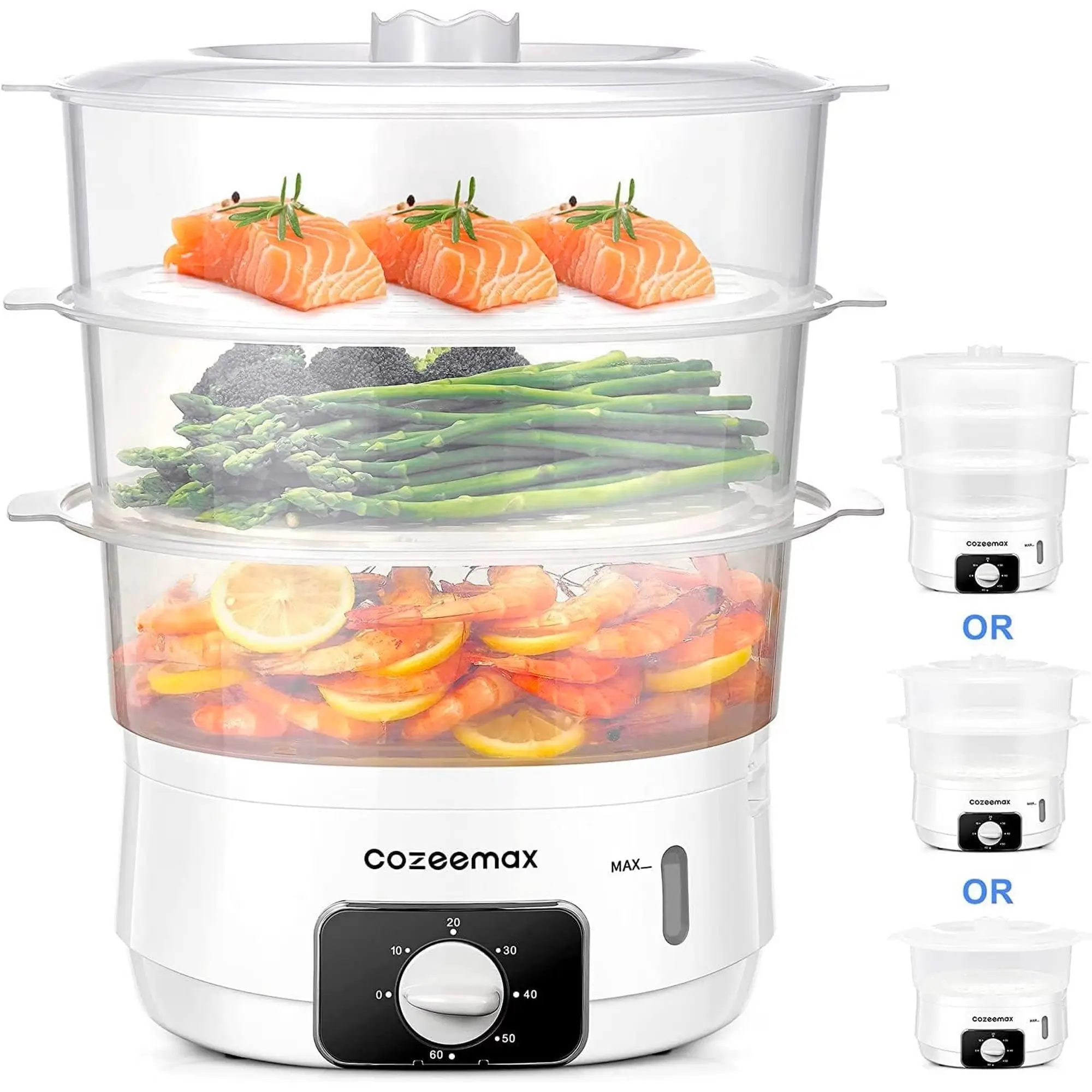3 Tier Electric Food Steamer for Cooking, 13.7QT Vegetable Steamer for Fast Simultaneous Cooking, Veggie Steamer, Food Steam Cooker, 60 Minute Timer, BPA Free Baskets, 800W(White)