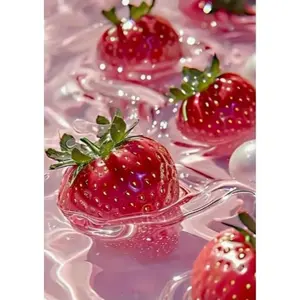 5D Full Drill Diamond Painting, Glistening Red Strawberries in Pink Water, Shimmering Fruit Still Life DIY Wall Art