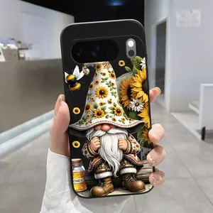 Rounded Edge Phone Case for Google Pixel 10 9 8 7 Pro A XL Sunflower Gnome Charm Pattern Shockproof Drop Protection Rugged Durable Liquid Silicone Cover Cellphone Protective