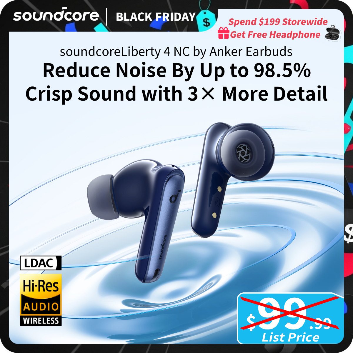 [TikTokShopBlackFriday] soundcore by Anker Liberty 4 NC Wireless Earbuds, 98.5% Noise Reduction, Adaptive Noise Cancelling to Ears and Environment, Hi