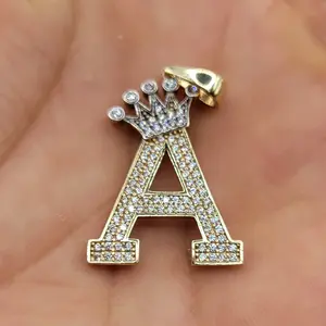 Initial A Pendant with Full Crown of CZ 2T Large solid Gold Letter A Charm for Necklaces