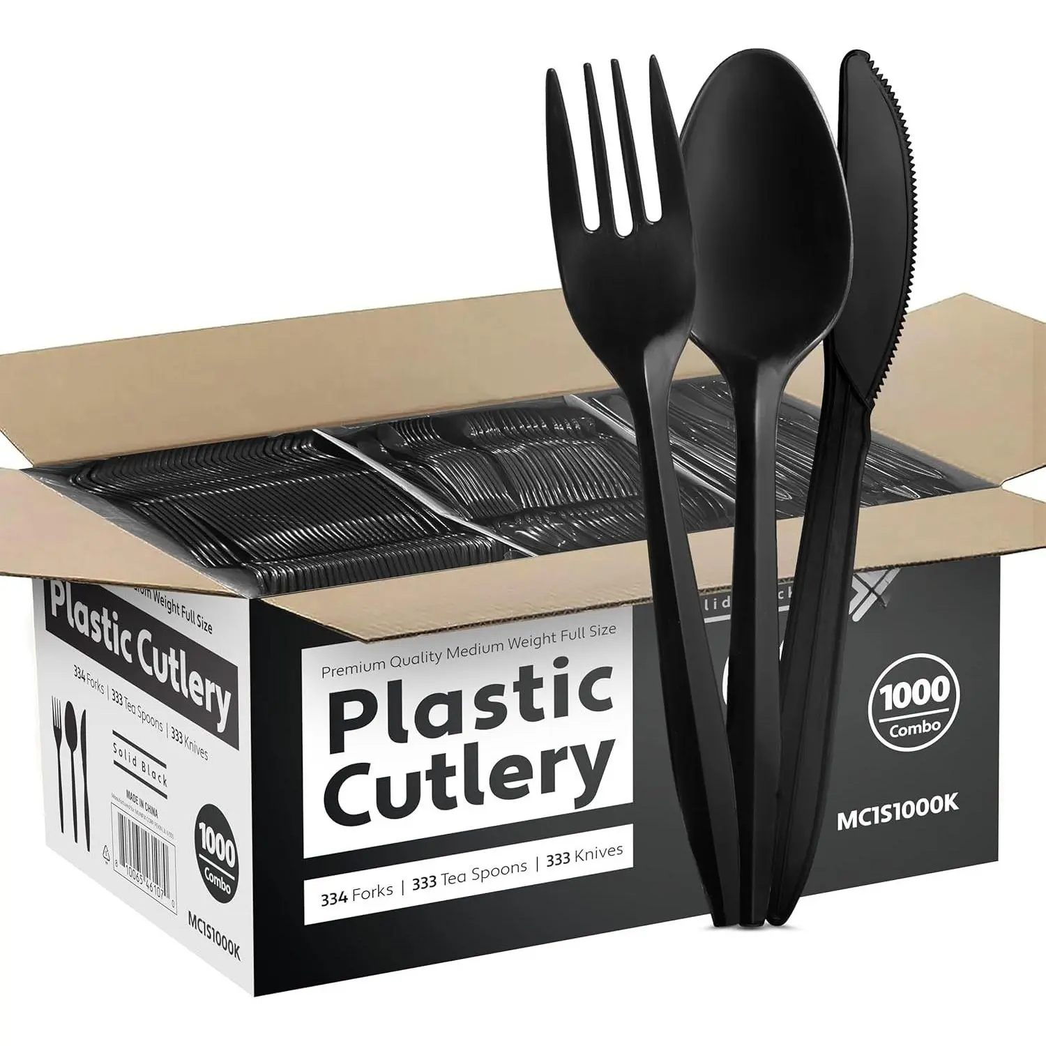 1000 Count Black Silverware Set, 334 Forks, 333 Spoons, 333 , Medium Weight  Disposable Plastic Cutlery Set, Bulk Combo Pack Flatware Set for Party Supplies