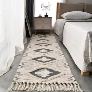 Boho Runner Rug 2'x6', Washable Hallway Rug Runner Non Slip Backed, Farmhouse Area Rug Mat with Tassels, Tufted Woven Cotton Entryway Carpet, Grey