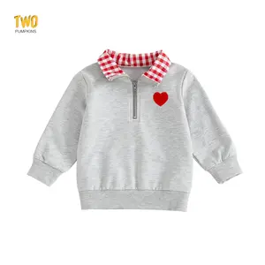 Baby Kids Fall Sweatshirt, Long Sleeve Plaid Embroidery Heart Hoodie Tops For Valentine Day