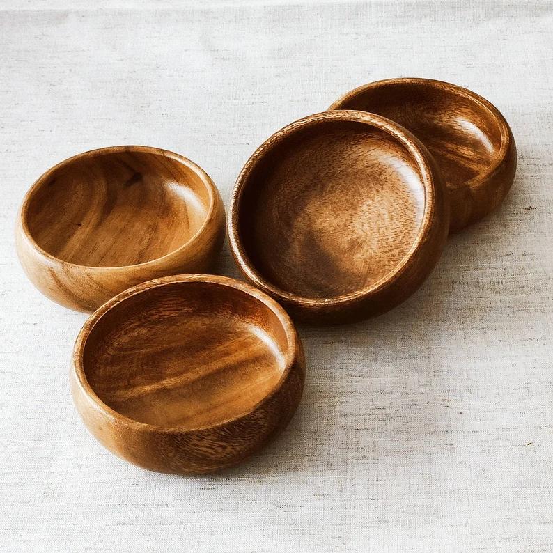 Set Of 4 Wooden Bowls, Acacia Candle Bowl, Acacia Wood Snack Bowl, Carved Wooden Bowl