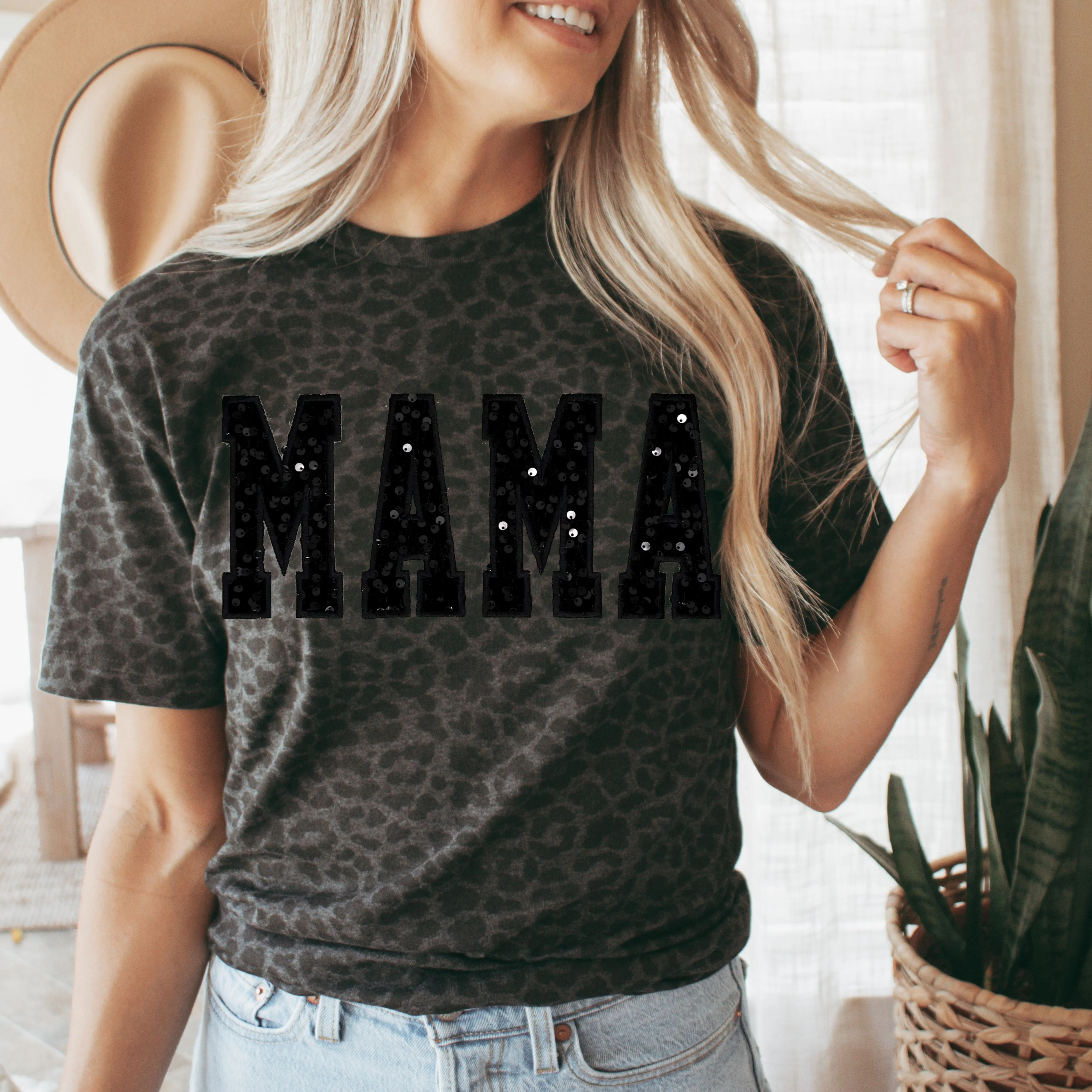Custom Leopard Sequin Applique T-Shirt – Personalized Name, Word or Number Bling Tee, Sparkly Trendy Boutique Shirt for Women, Game Day, Gift, Custom Apparel
