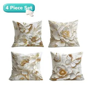 4 Piece Floral Butterfly Pillow Covers Set, Modern Gold Comfort Soft Decorative Pillows, Bedroom Decorative Accessories, Single-Sided Print for Living Room Bedroom Sofa Bed.（Excluding the filler material）