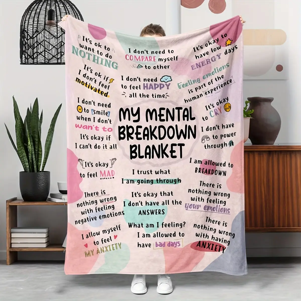 My Mental Breakdown Positive Mental Health Affirmation Pastel Blob Print Soft Comfortable  Throw Blanket Warm Cozy Couch Bedroom Nap Home Blanket Anxiety Relief Self Care Therapy Room Mental Health Support Holiday Giftable  Warm