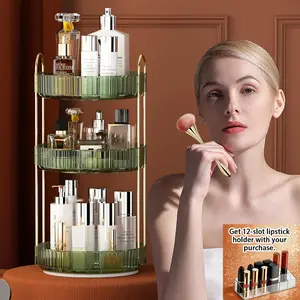 360° rotating storage rack for storing cosmetics, kitchen items, and office desk stationery; includes 12 lipstick holders; available in green, transparent, and gold, three tiers.