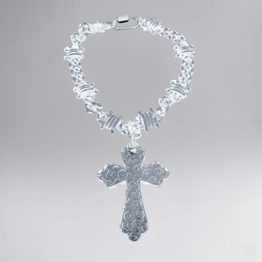 Y2K Exaggerated Clear Barbed Wire Cross Necklace, Cyberpunk Acrylic Link Chunky Chain, Unisex Alt Grunge Streetwear Goth Aesthetic Statement Choker with Cross Shape Large Pendant
