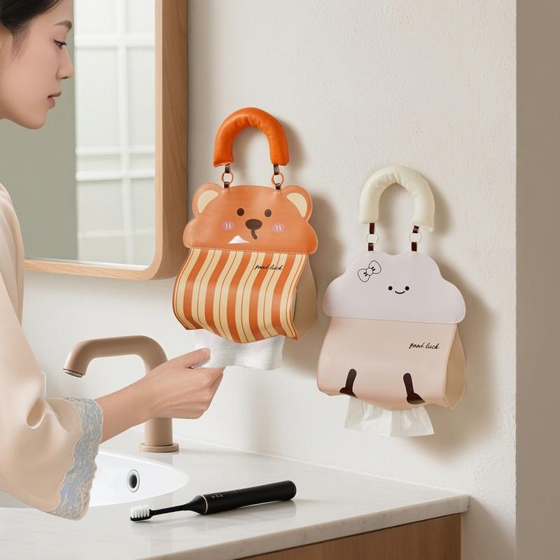 Cute Waterproof Hanging Tissue Holder for Bathroom, Wall-Mounted Tissue Box for Facial Towels and Paper Rolls, Stylish Toilet Tissue Storage Bag, Bathroom Accessories