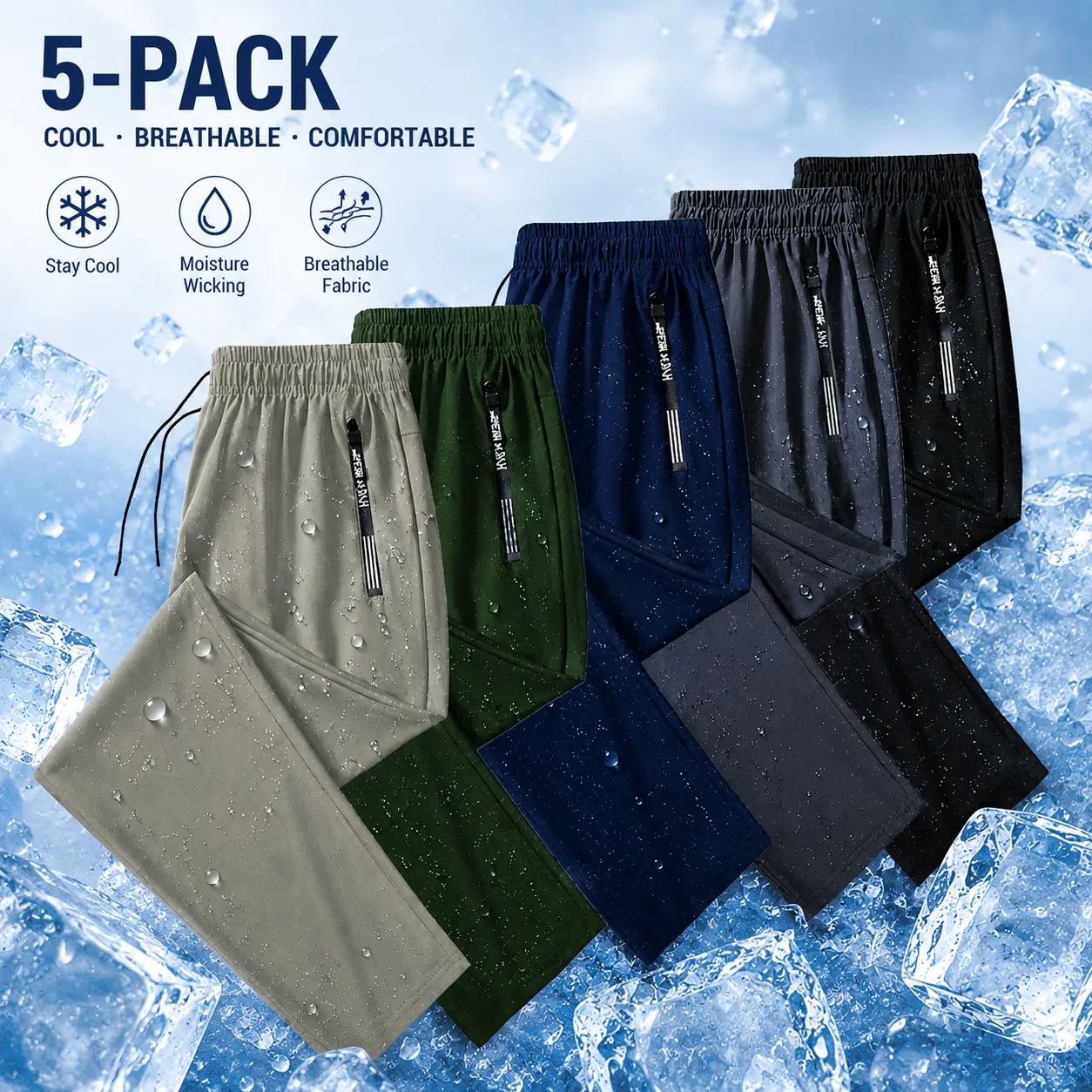 Men's 5-Pack Ice Silk Straight-Leg Pants, Wrinkle-Free, Ultra-Soft, Athletic & Casual Men's Pants, Athletic Men's Pants male clothes