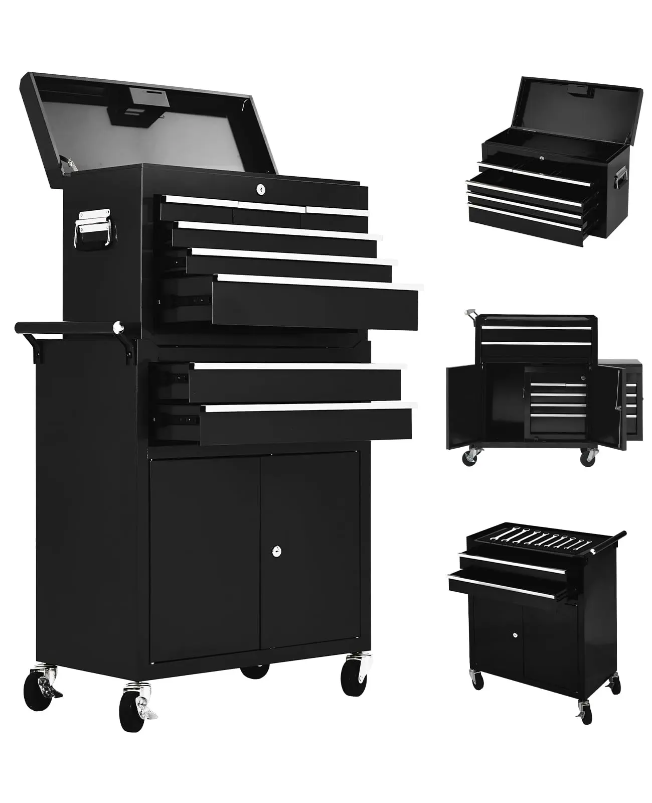 2-in-1 Detachable 8-Drawer Rolling Metal Tool Chest, high-capacity mobile tool cabinet equipped with smooth sliding drawers, anti-slip drawer liners and secure lock system. Practical tool storage organizer for garage, workshop and warehouse equipment arra