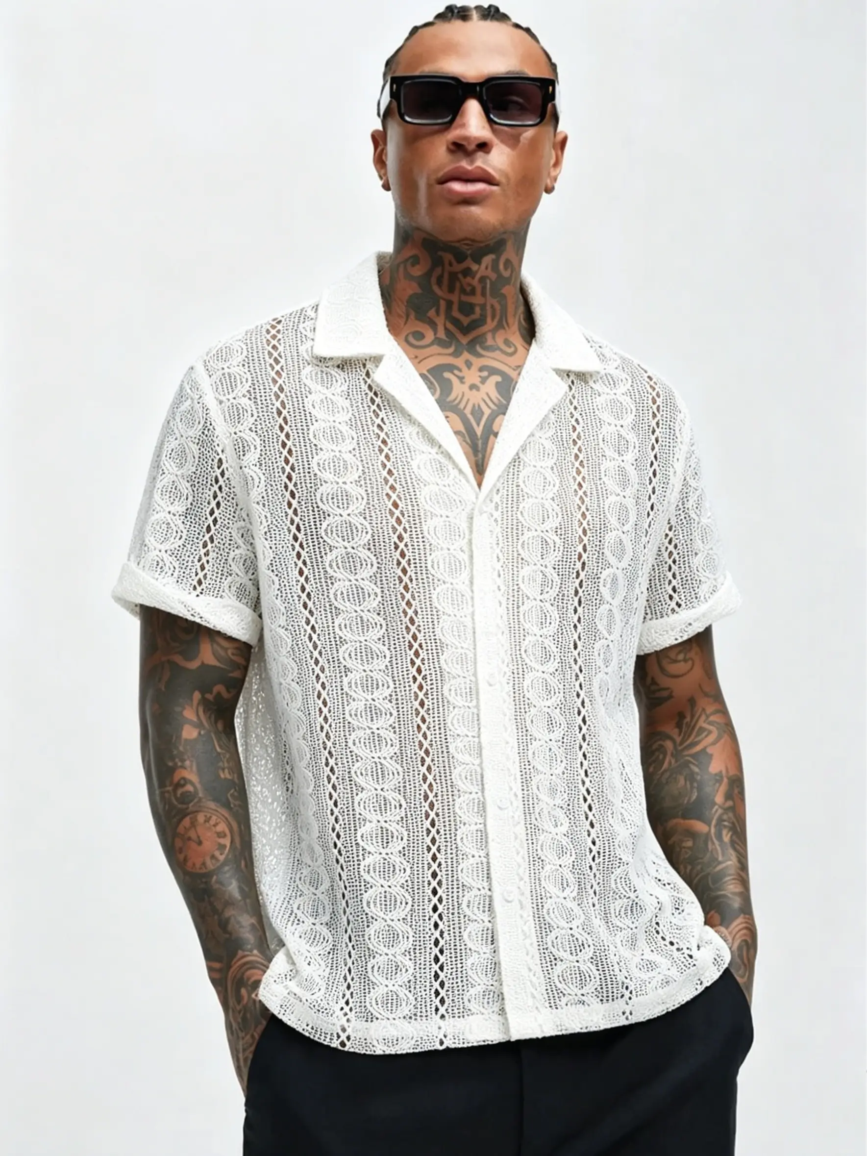 ZAFUL Men's Casual Lace Openwork Camp Collar Button Up Short Sleeves Shirt Fabric Sleeve Button Down Shirt