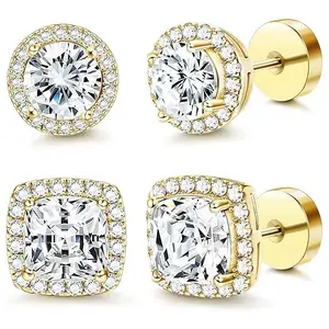 Flat Back Earrings Round Square Studs Unisex Earring Set Large Cubic Zirconia Studs Durable Flat Back Accessories Men's Elegant Decoration（Storage box included）
