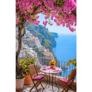1PC 5D diamond painting 2D flat printing Diamond Painting Kit Amalfi Coast View with Pink Bougainvillea Terrace Table Chairs Lemon Decor DIY Rhinestone Embroidery Embroidered Floral Design for Home Wall Art Decoration Craft Gi