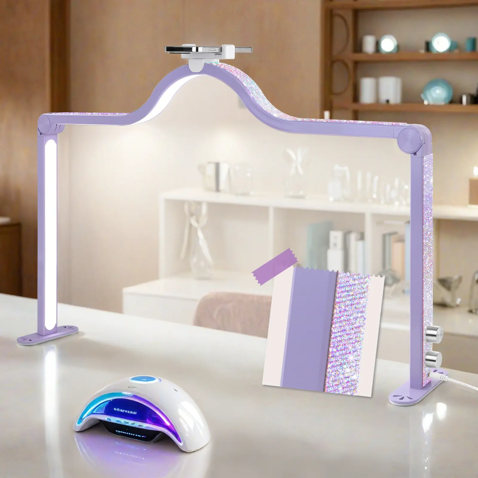 Bright Half Moon Light For Nail Desk, 35 In Nail Tech Light, 3000k -6000k Nail Table Lamp, Desk Lamp With Phone Holder, Esthetician Lash Light For Eyelash, Makeup, Tattoo, Crafts, Five Colors Available