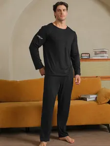 Men's Floral Print Long Sleeve Tee & Pants Homewear Loungewear Two-Piece Set, Regular Fit Casual Comfy Round Neck Top & Trousers Pajama Set, Men's Sleepwear for All Seasons
