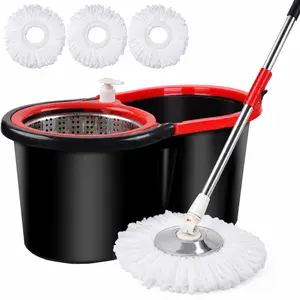 Spin Mop and Bucket with Wringer Set, 360°Rotating Head Mop Bucket System, 3 Microfiber Mop Heads for Living Room, Bedroom, Kitchen, Office (Black & Red),1 Pack Extra Long Hands-Free Flat Mop,Tall-Friendly Stainless Adjustable Steel