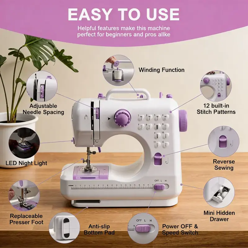 Portable Household Electric Sewing Machine, 12 Built-in Stitches, Overlock Function, Button Sewing & Thread Winding, 100V-130V US Power Plug, Light Purple, Complete Sewing Accessories, Great for Beginners, School Craft & Mother's Day Gift
