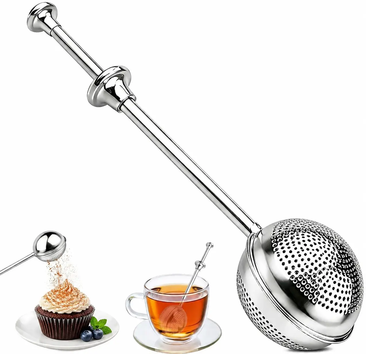 2 in 1 Long Stainless Steel Handle Sifter - Baking Sifter& Tea Infuser ， Leaf Tea with Retractable Long Handle, Fine Mesh Tea Diffusers Filters Reusable for Flour Dusting, Powdered Sugar Shaking in Kitchen