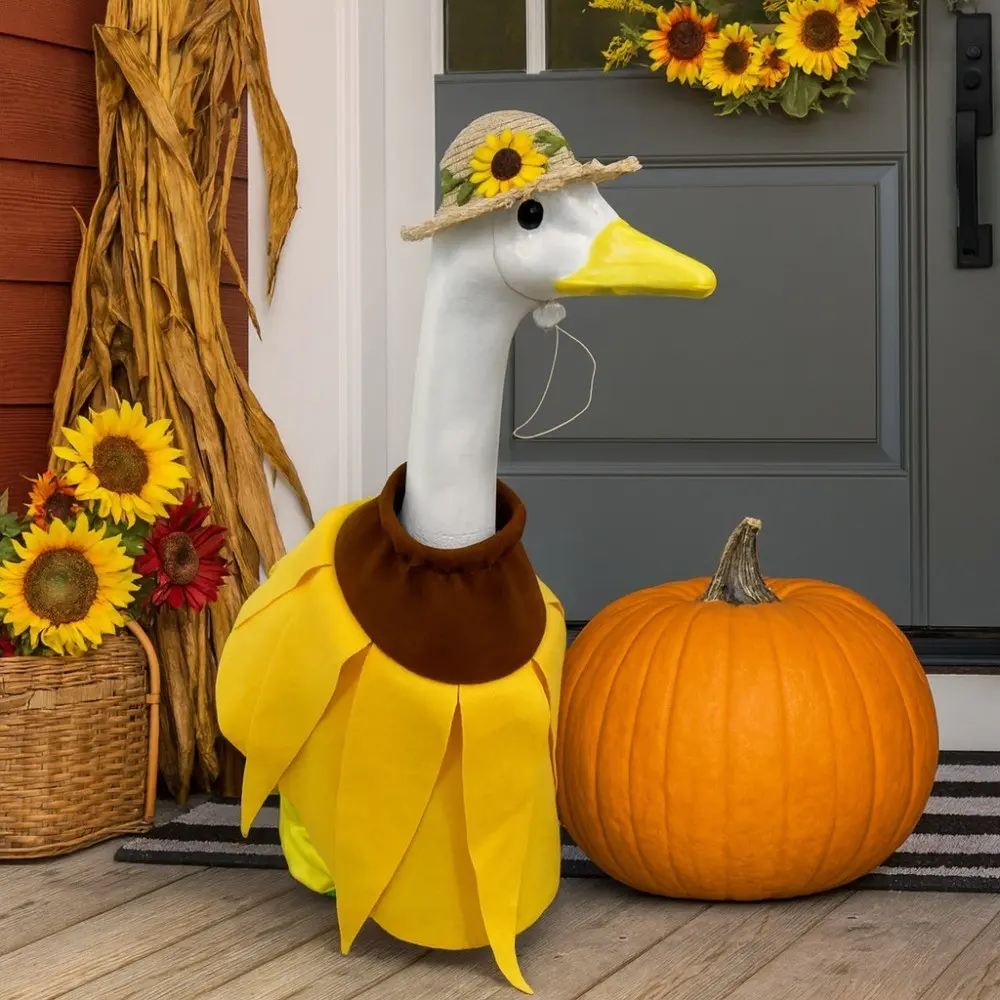 23-Inch Goose Statue Costume Set, Spring Floral Vibrant Festive Outdoor Decor, Dress and Straw Hat, All-Weather Canvas Garden Decoration