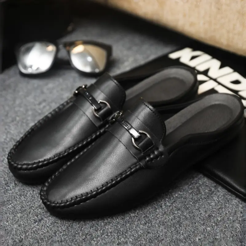 Men's Synthetic Leather Slip-On Mules, Metal Buckle Design, Casual Outdoor & Indoor Use, Comfortable Lazy Shoes, Walking Shoes, Versatile Footwear