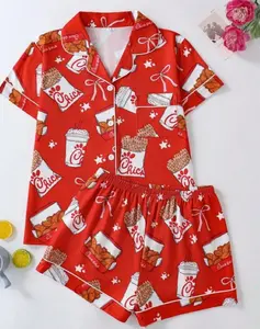 Women's Two-Piece Casual And Comfortable Short-Sleeved Lapel Top And Shorts Pajama Set, Fried Chicken Print Shirt And Shorts Pajamas, Four Seasons Women's Pajamas, Women's Pajamas, Home Clothes