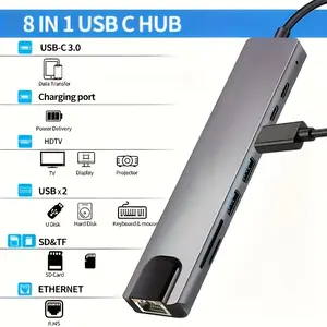 An 8-in-1 USB-C Hub, Type-C to 4K HDTV Adapter, with a 3937.01-inch RJ45 Card Reader and Fast Charging Function, Compatible with MacBook Laptops and Windows Laptops.