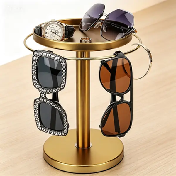 Gold Stainless Steel 360° Rotating Sunglasses Holder with Tray - Minimalist Home Organizer for Desk, Room, No Glue Needed, Reusable, Ideal Gift for Bracelet & Earring Storage